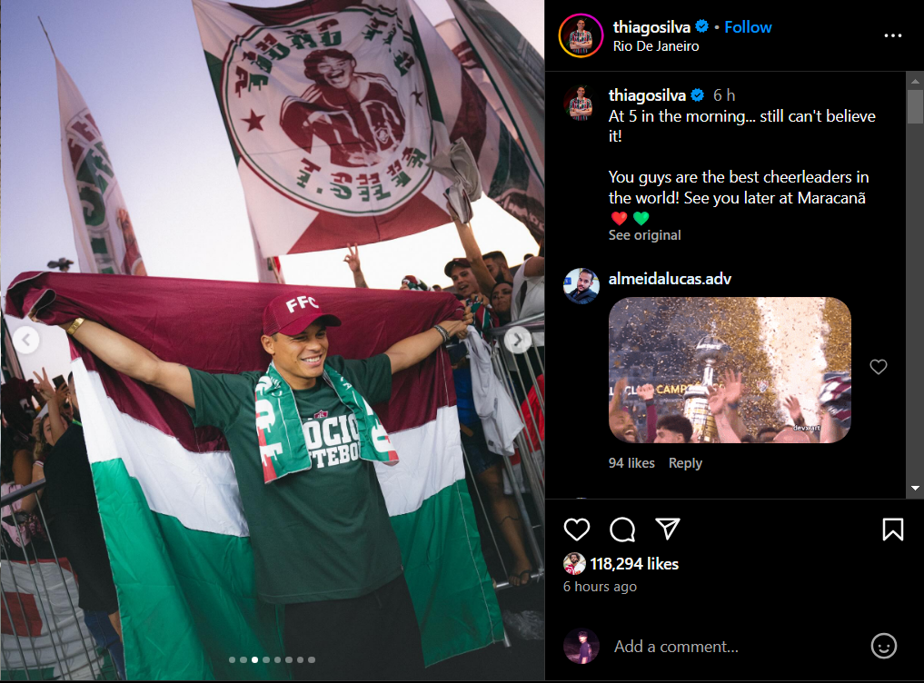 Fluminense fans welcome Thiago Silva as the Chelsea legend returns to Brazil