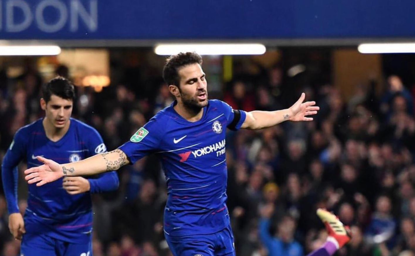 Cesc Fabregas of Chelsea scores against Derby County