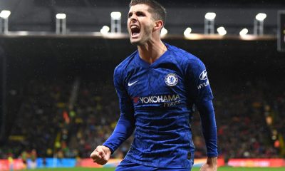 Christian Pulisic celebrates after scoring for Chelsea.