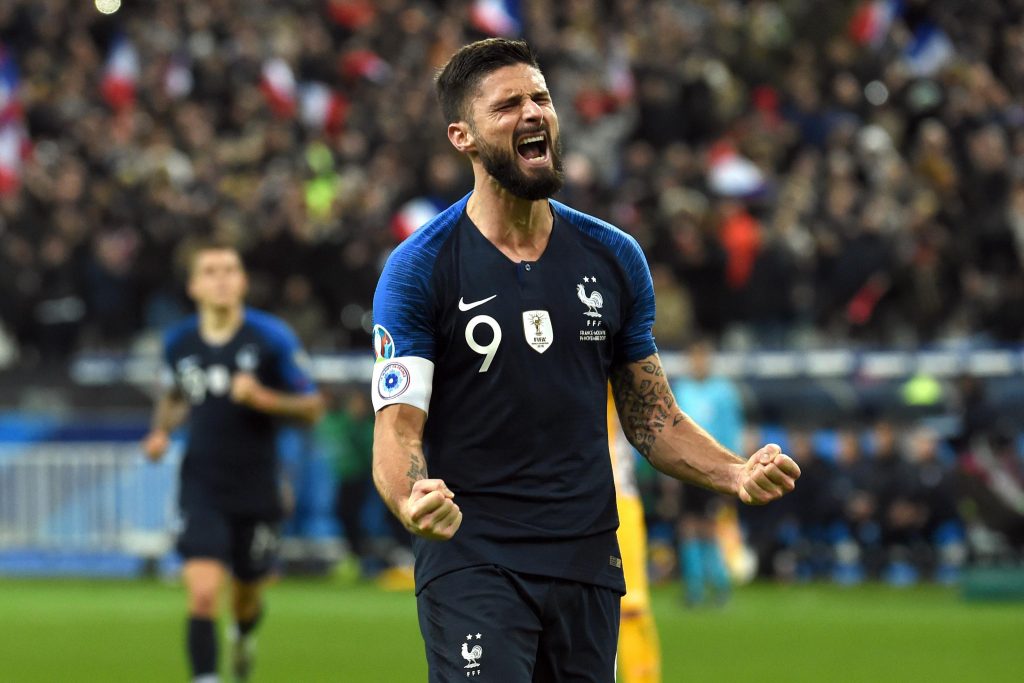 Olivier Giroud in action for the France national team, with whom he won the FIFA World Cup in 2018.