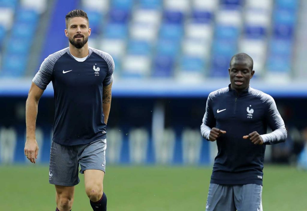 N'Golo Kante (R) has picked up a hamstring injury on international duty for France.