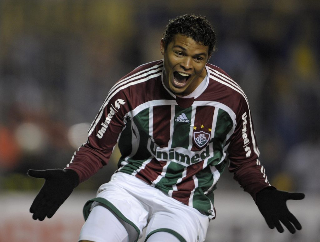 Thiago Silva celebrates after scoring a goal against Argentina's Boca Juniors during their Libertadores Cup 2008 semifinal. (GETTY Images)