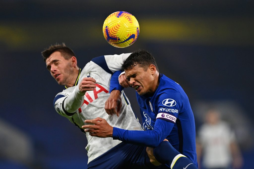 Thiago Silva of Chelsea and Giovani Lo Celso of Tottenham Hotspur battle for the ball. (Photo by Justin Tallis-Pool/Getty Images)