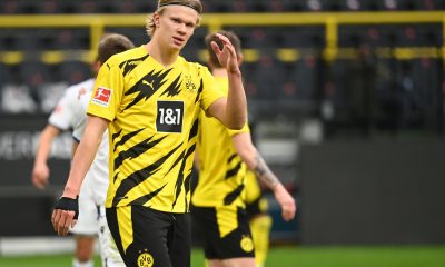 Dortmund's Norwegian forward Erling Braut Haaland gestures during the German first division Bundesliga football match