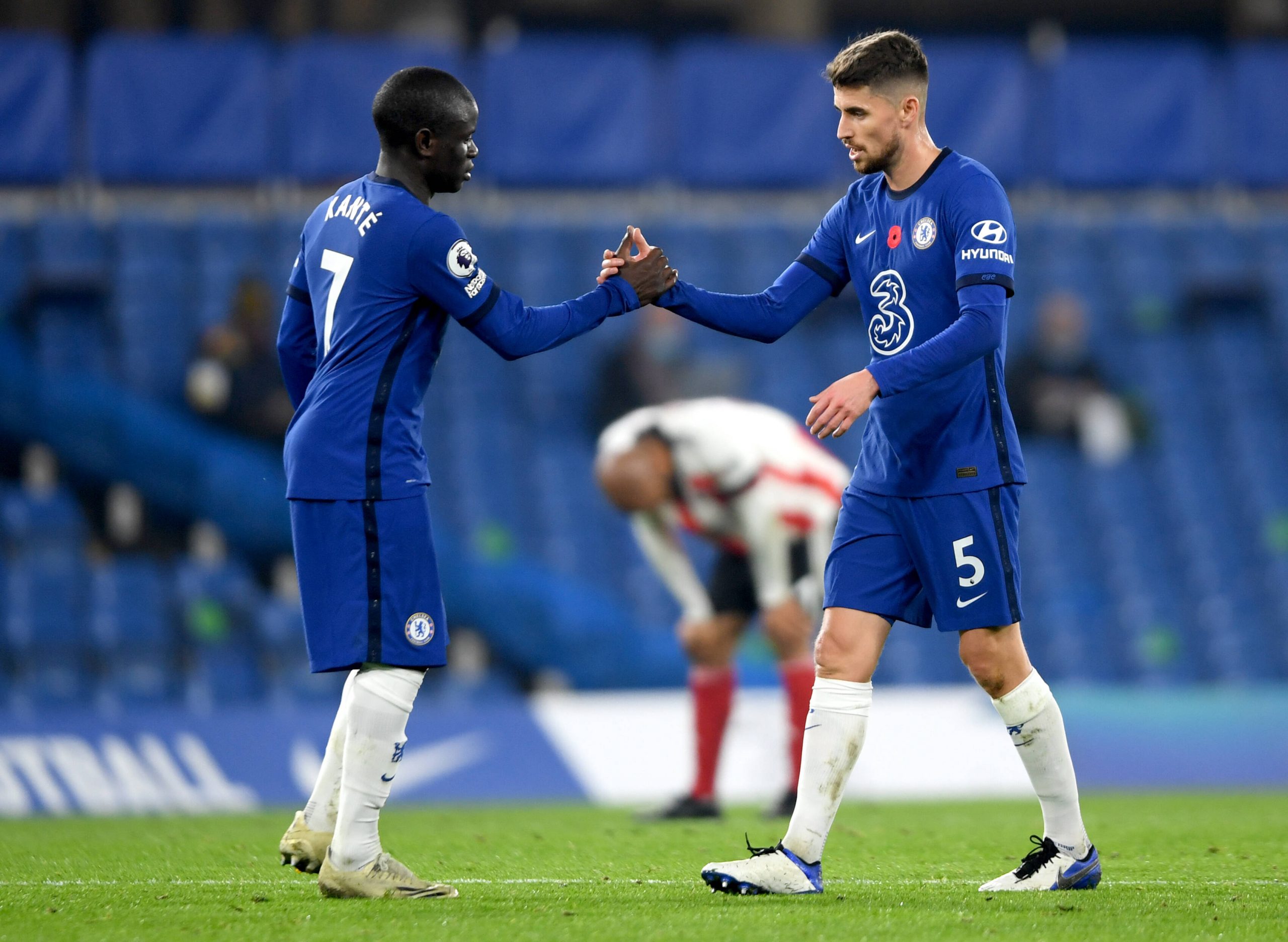 Chelsea v Sheffield United – Premier League – Stamford Bridge Chelsea s N Golo Kante (left) and teammate Jorginho shake