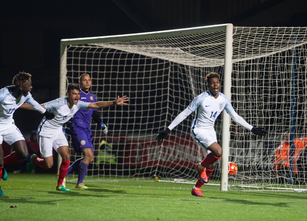 Dujon Sterling (R) celebrates scoring for the England U19 team against Bulgaria U19. 