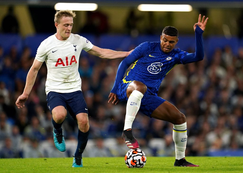 Chelsea s Tino Anjorin right and Tottenham Hotspur s Oliver Skipp battle for the ball during The Mind Series match at Stamford Bridge, London.