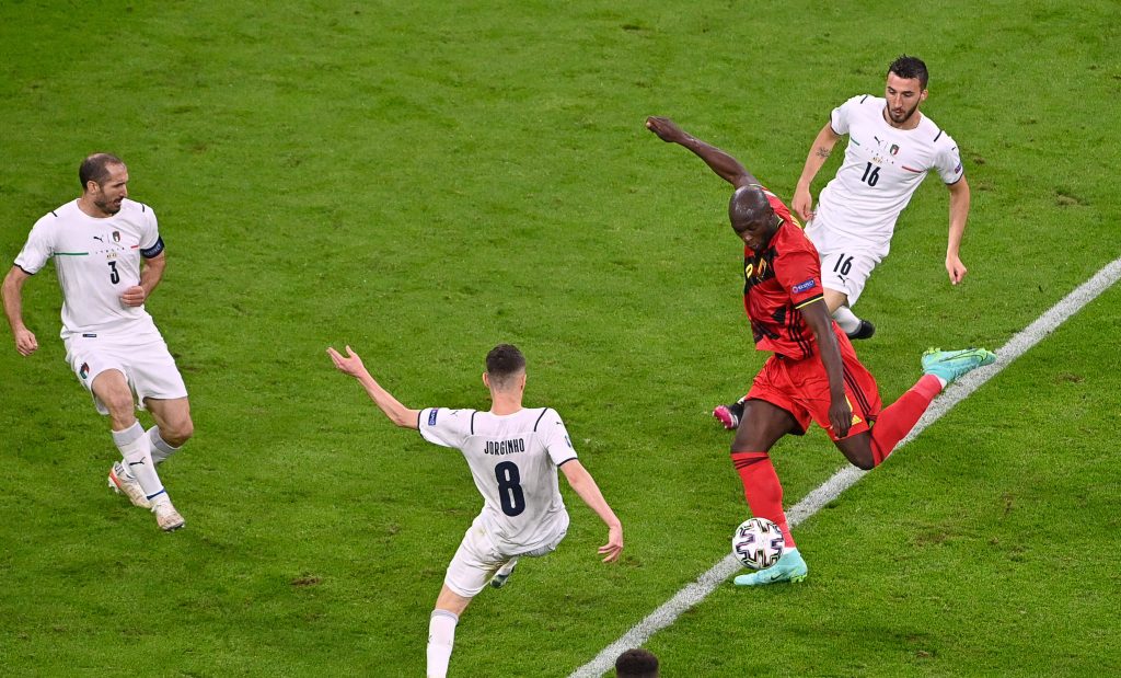 Jorginho tackles Romelu Lukaku during Belgium vs Italy at the 2020 UEFA Euro.