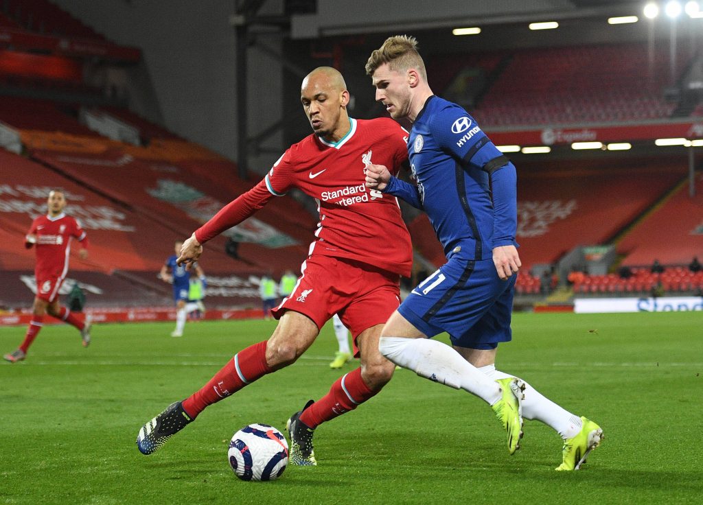 Fabinho of Liverpool in action against Chelsea in the Premier League.
