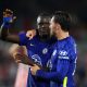 Malang Sarr celebrates with Ben Chilwell of Chelsea.