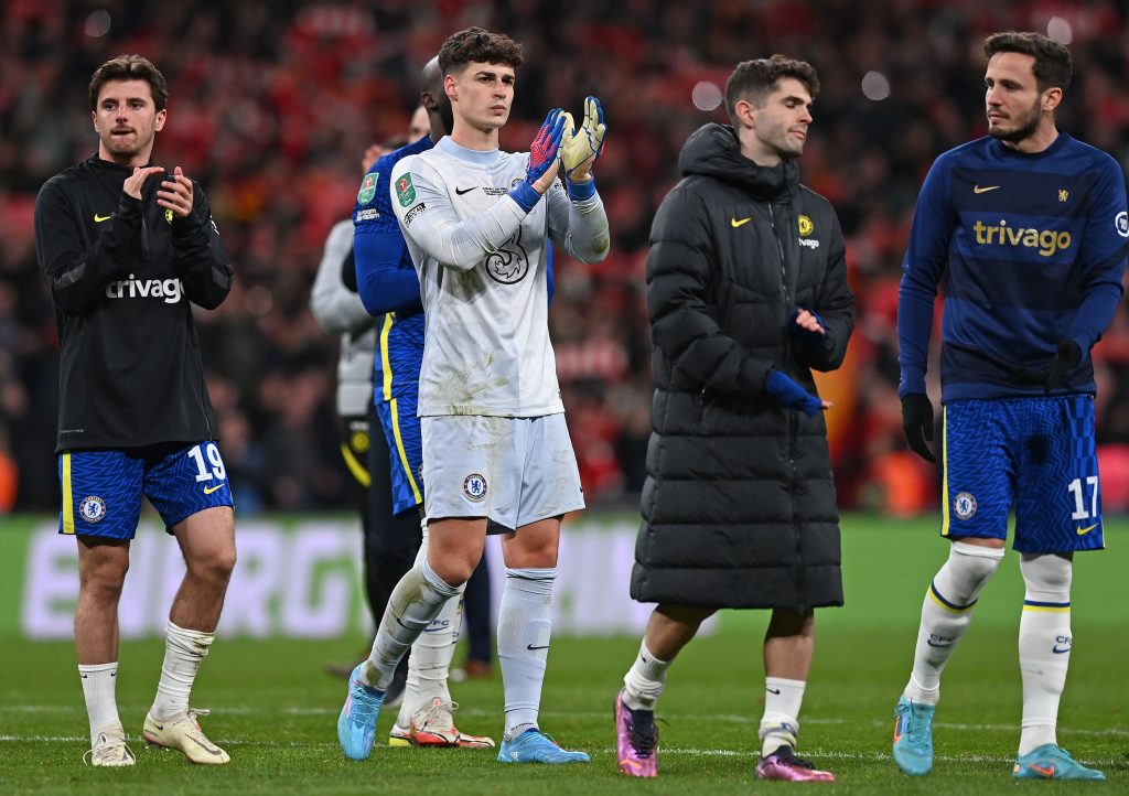 Kepa Arrizabalaga reacts after penalty miss against Liverpool in Carabao Cup fina. (Photo by GLYN KIRK/AFP via Getty Images)
