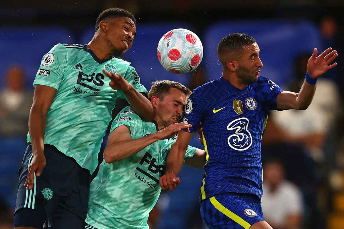 Hakim Ziyech vies Wesley Fofana and Timothy Castagne of Leicester City.