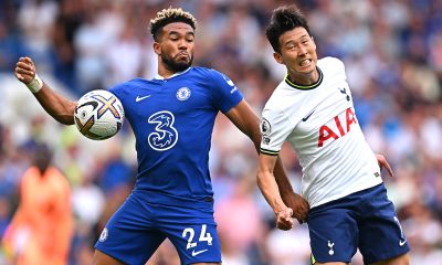 Reece James of Chelsea battles for possession with Son Heung-Min of Tottenham Hotspur during the 2-2 draw at Stamford Bridge.