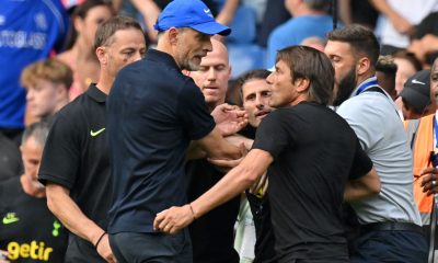 Antonio Conte and Thomas Tuchel after the 2-2 draw between Tottenham Hotspur and Chelsea. (Photo by GLYN KIRK, AFP/GETTY Images)