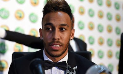 Pierre-Emerick Aubameyang poses with the African Footballer of the Year Award during 2015 Glo-CAF Awards.