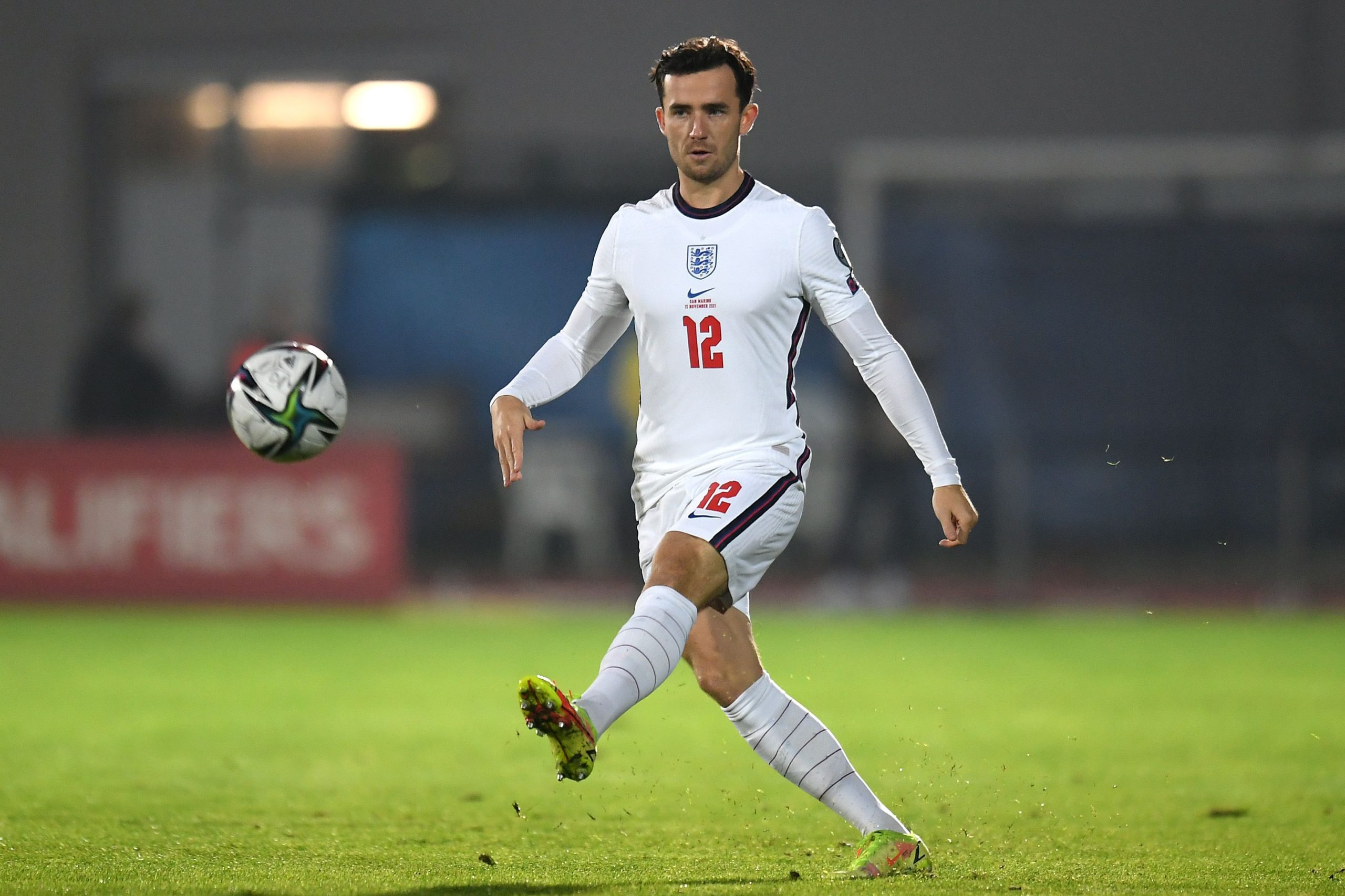 Ben Chilwell of England in action during the 2022 FIFA World Cup Qualifier against San Marino in November 2021.