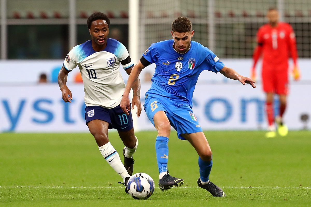 Raheem Sterling of England challenges Jorginho of Italy during a UEFA Nations League League A Group 3 match.