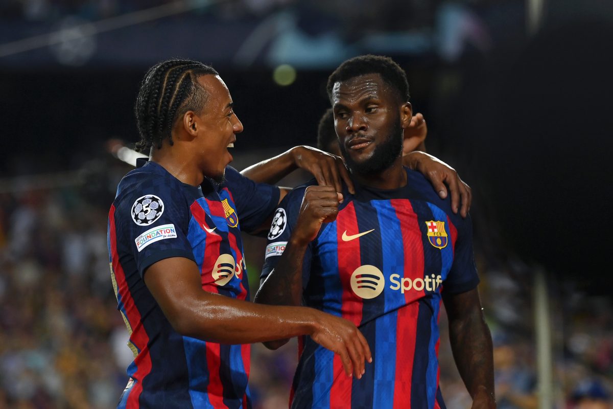 Franck Kessie and Jules Kounde celebrate for Barcelona after they score against Viktoria Plzen in the UEFA Champions League. 