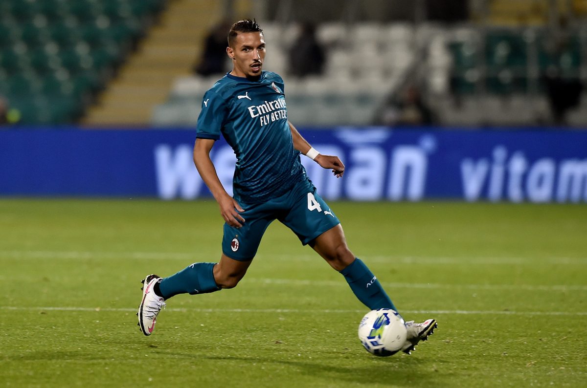 Ismael Bennacer of AC Milan runs with the ball during the UEFA Europa League qualifying match against Shamrock Rovers.