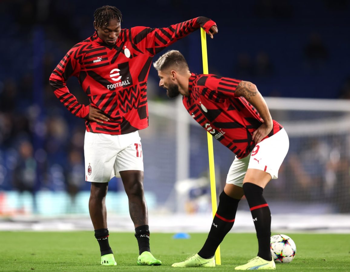 Rafael Leao of AC Milan with former Chelsea striker Olivier Giroud before the UEFA Champions League game at Stamford Bridge in October 2022.