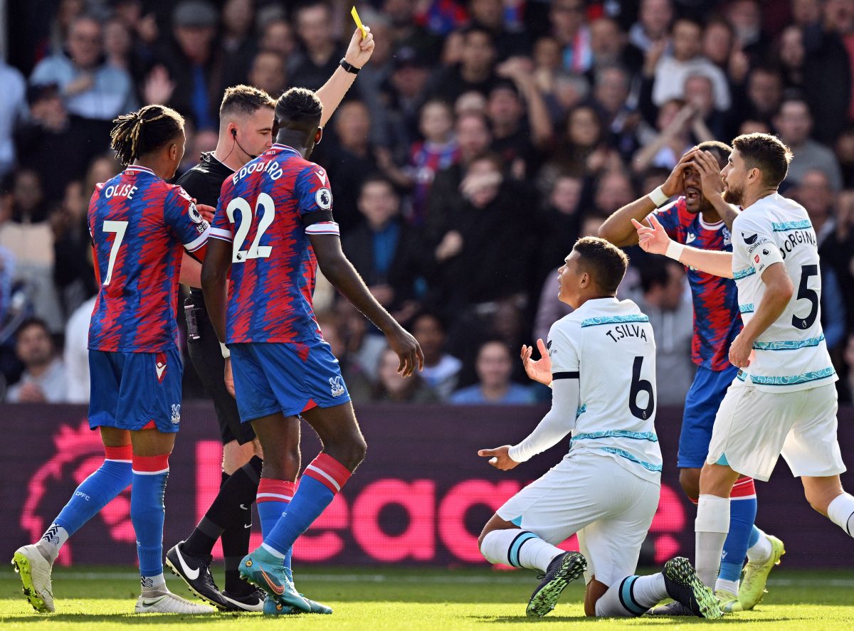 Chelsea's Thiago Silva being shown a yellow card against Crystal Palace.