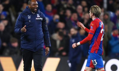 Patrick Vieira, manager of Crystal Palace, embraces Chelsea loanee, Conor Gallagher.