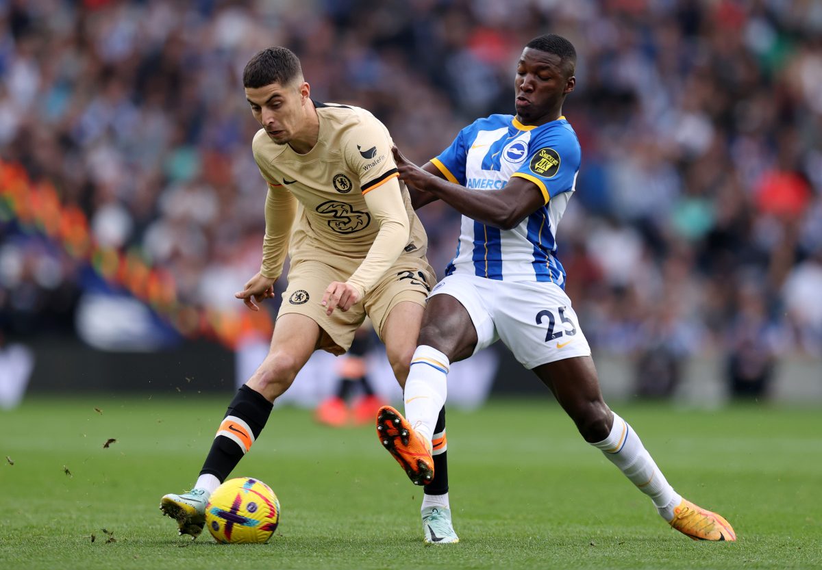 Kai Havertz of Chelsea is challenged by Moises Caicedo of Brighton during a 4-1 loss for the Blues in October 2022.