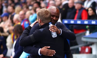 Chelsea manager, Graham Potter, embraces Crystal Palace's Patrick Vieira.