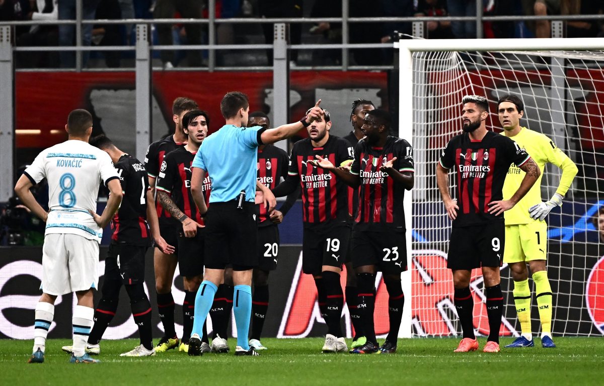AC Milan's Fikayo Tomori reacts after received a red card against Chelsea at San Siro in October 2022.