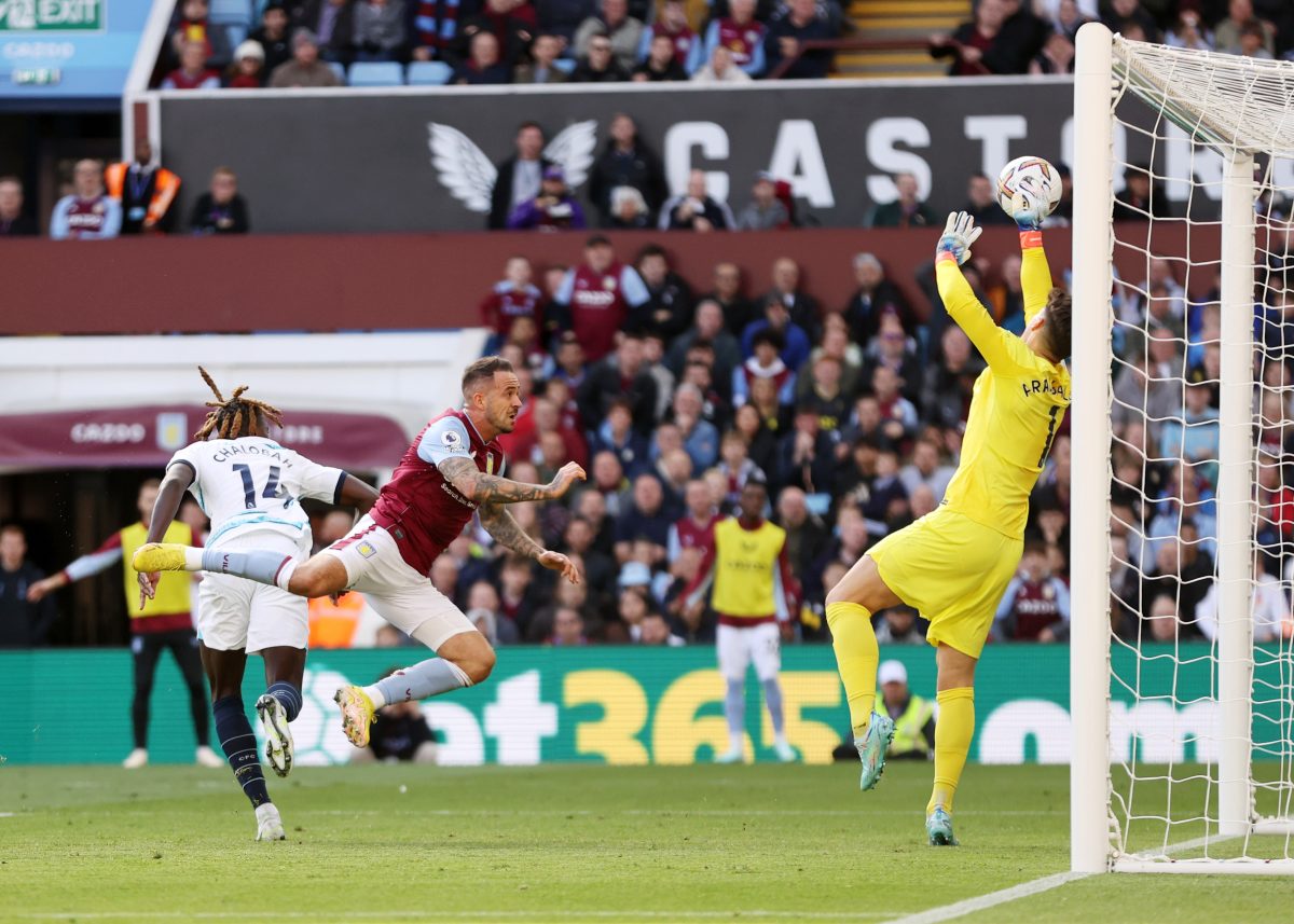 Kepa Arrizabalaga of Chelsea makes a save from Danny Ings of Aston Villa.