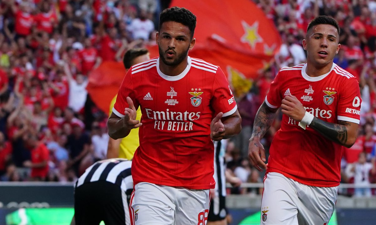 Goncalo Ramos of SL Benfica celebrates after scoring a goal with Enzo Fernandez in the background.