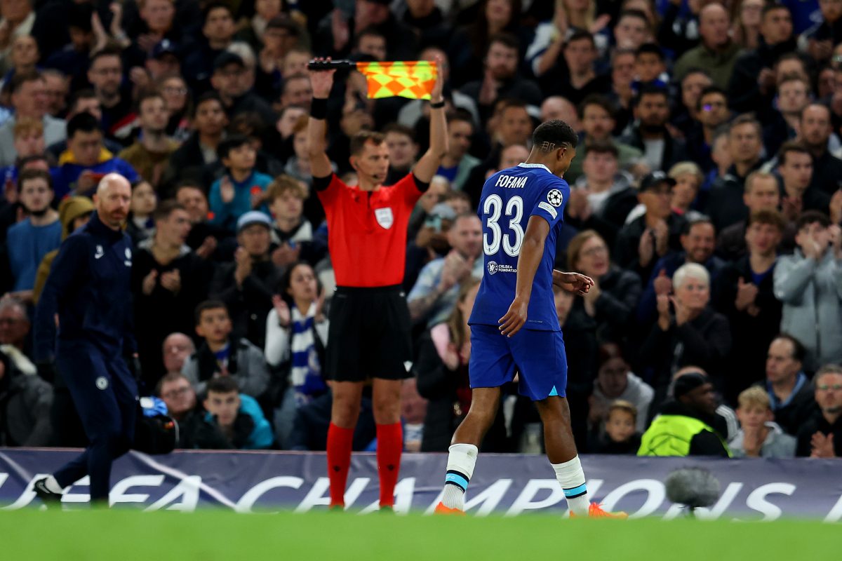 Wesley Fofana of Chelsea leaves the pitch due to an injury against AC Milan at Stamford Bridge in October 2022.