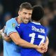 Raheem Sterling and Ruben Dias embrace during Manchester City vs Chelsea earlier this season in the EFL Cup. (Photo by LINDSEY PARNABY/AFP via Getty Images)