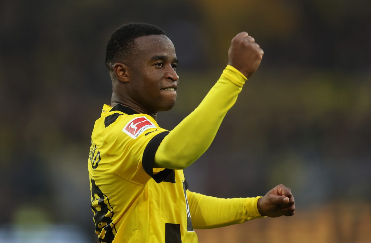 Youssoufa Moukoko of Dortmund celebrates scoring a goal against VfL Bochum.