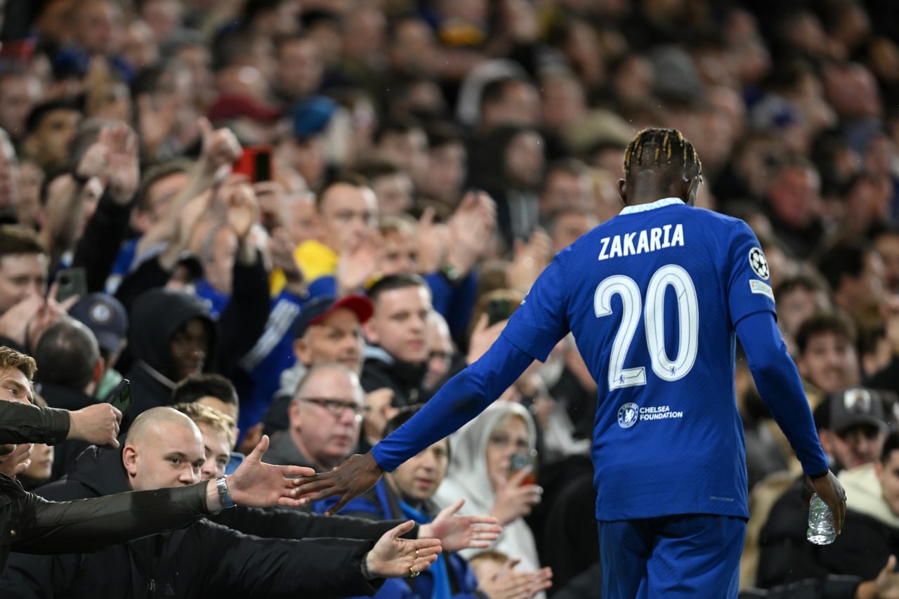 Denis Zakaria embraces the Chelsea fans during the game against Dinamo Zagreb at Stamford Bridge.