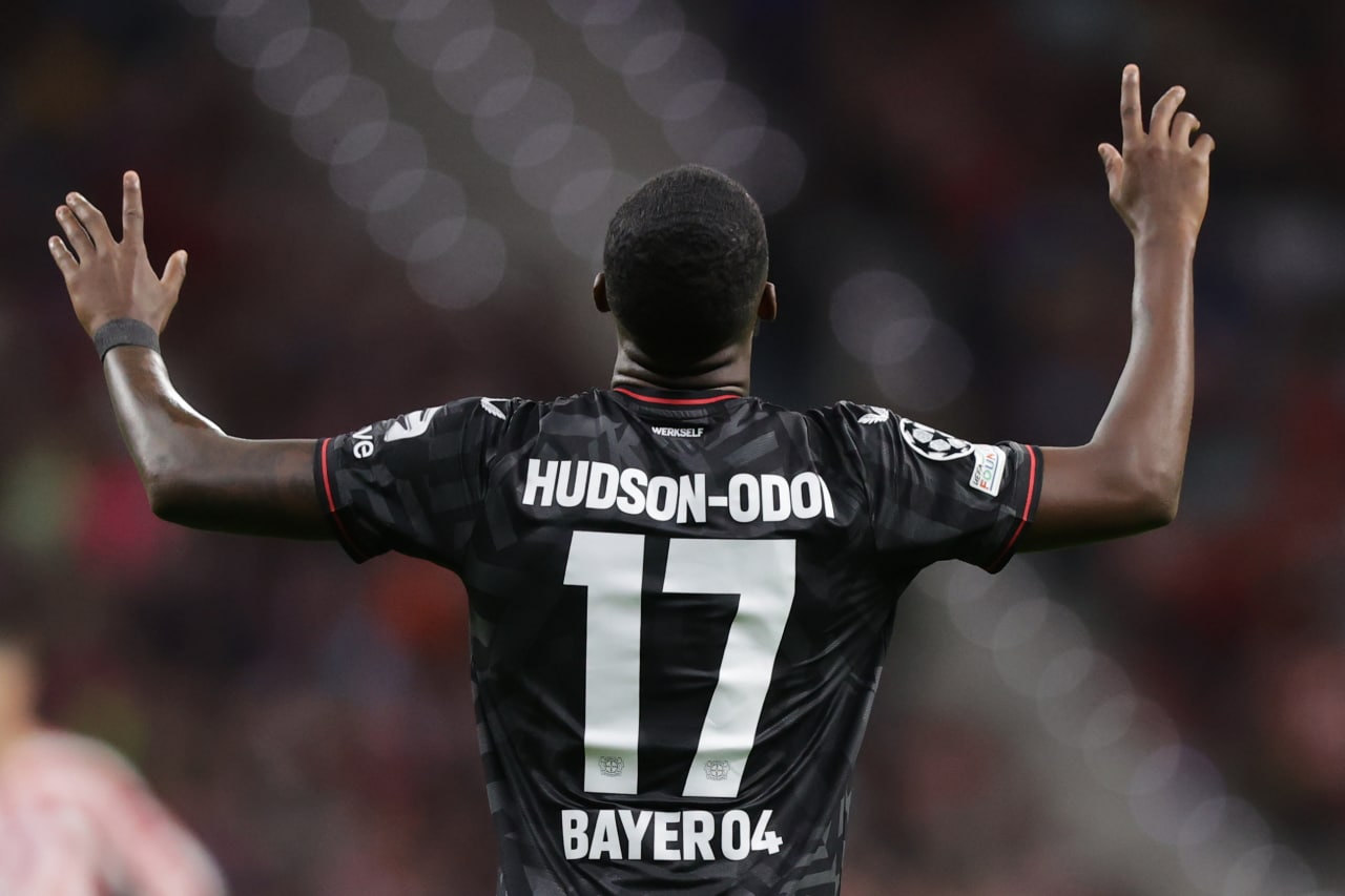 Callum Hudson-Odoi of Bayer 04 Leverkusen celebrates scoring their second goal during the UEFA Champions League group B match between Atletico Madrid and Bayer 04 Leverkusen at Civitas Metropolitano Stadium on October 26, 2022 in Madrid, Spain. (Photo by Gonzalo Arroyo Moreno/Getty Images)
