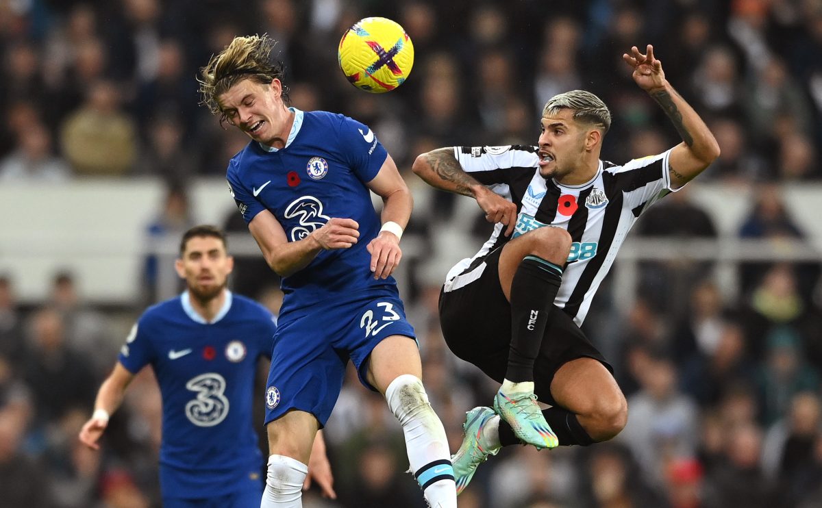 NEWCASTLE UPON TYNE, ENGLAND - NOVEMBER 12:  Newcastle player Bruno Guimaraes challenges Conor Gallagher of Chelsea during the Premier League match between Newcastle United and Chelsea FC at St. James Park on November 12, 2022 in Newcastle upon Tyne, England. (Photo by Stu Forster/Getty Images)
