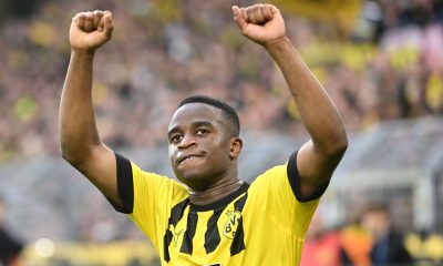 Youssoufa Moukoko celebrates for Borussia Dortmund.