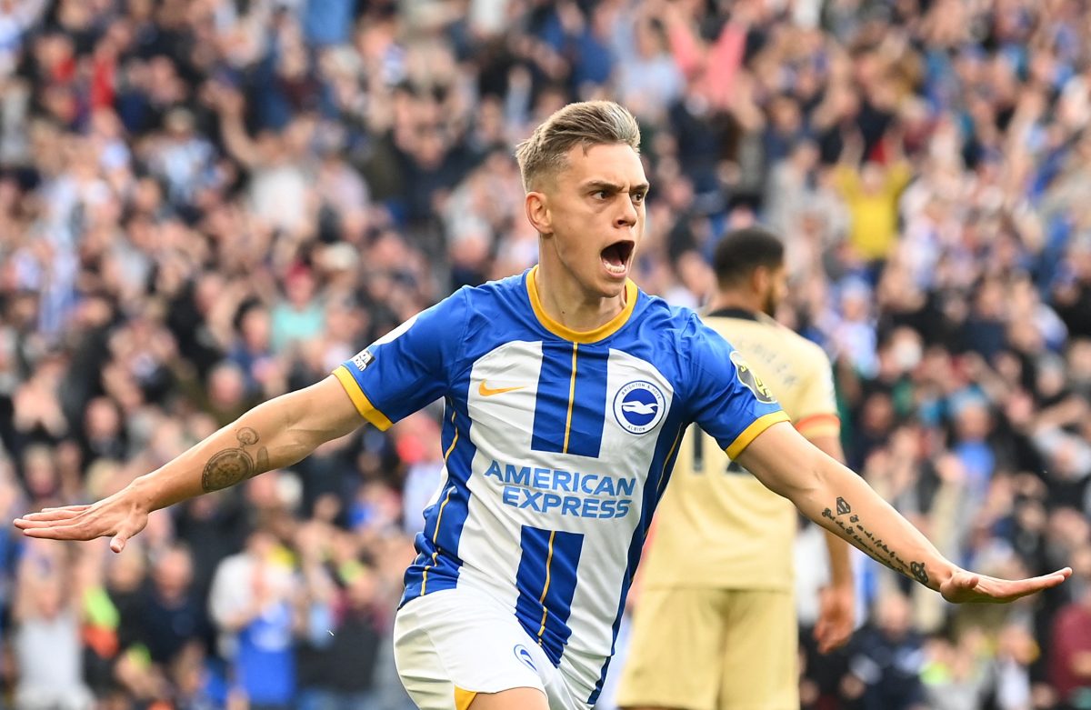Brighton's Belgian midfielder Leandro Trossard celebrates scoring his team's first goal during the English Premier League football match between Brighton and Hove Albion and Chelsea at the American Express Community Stadium in Brighton, southern England on October 29, 2022