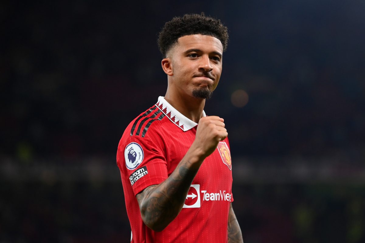 Jadon Sancho of Manchester United celebrates after victory in the 2022/23 Premier League match against Liverpool, where he scored a goal. (Photo by Michael Regan/Getty Images)
