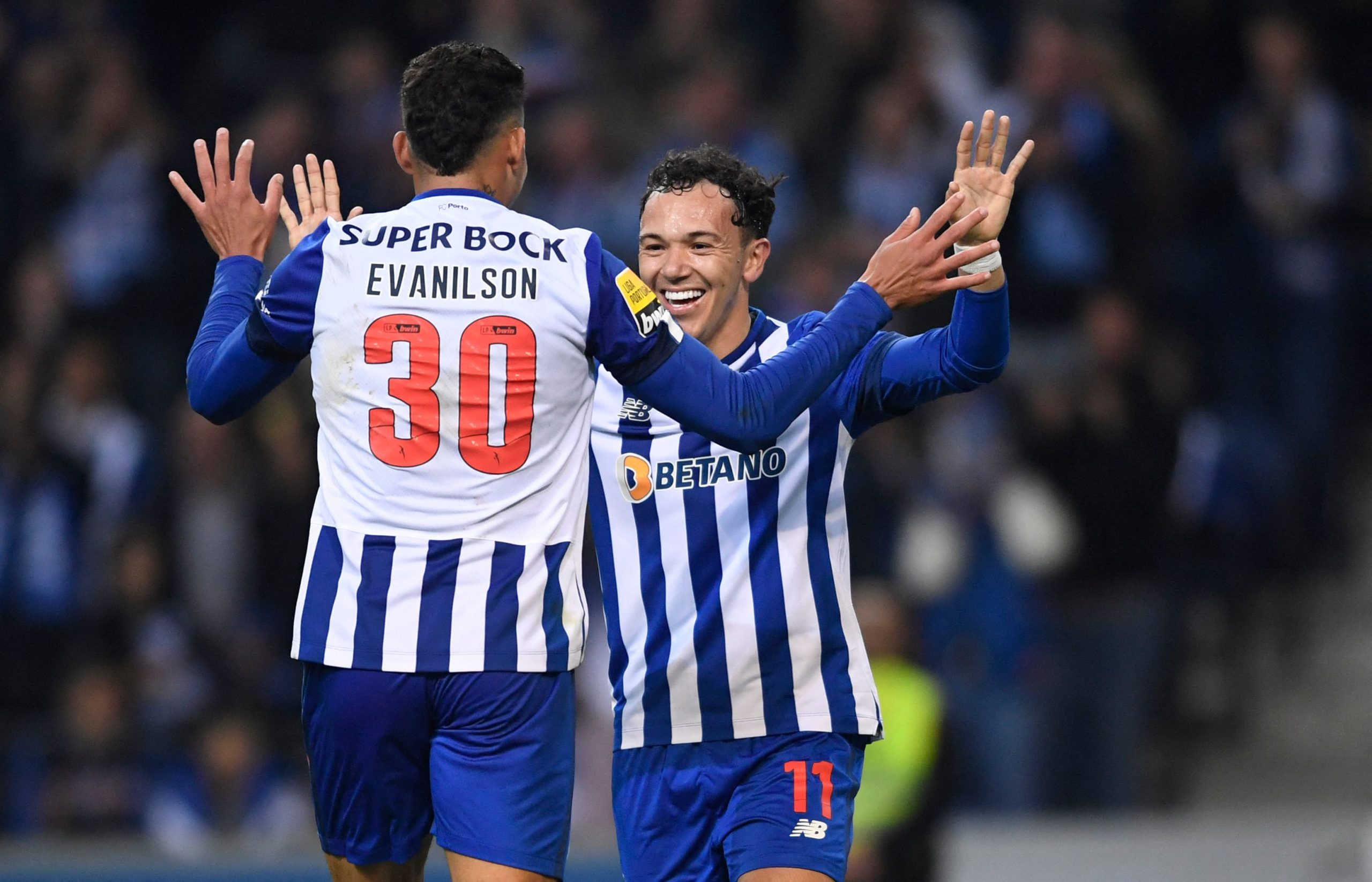 FC Porto's Evanilson Barbosa celebrates with Pepe Cossa after scoring.