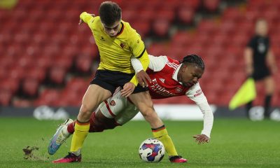 Omari Benjamin of Arsenal is tackled by Harry Amass of Watford during an FA Youth Cup Fifth round match.