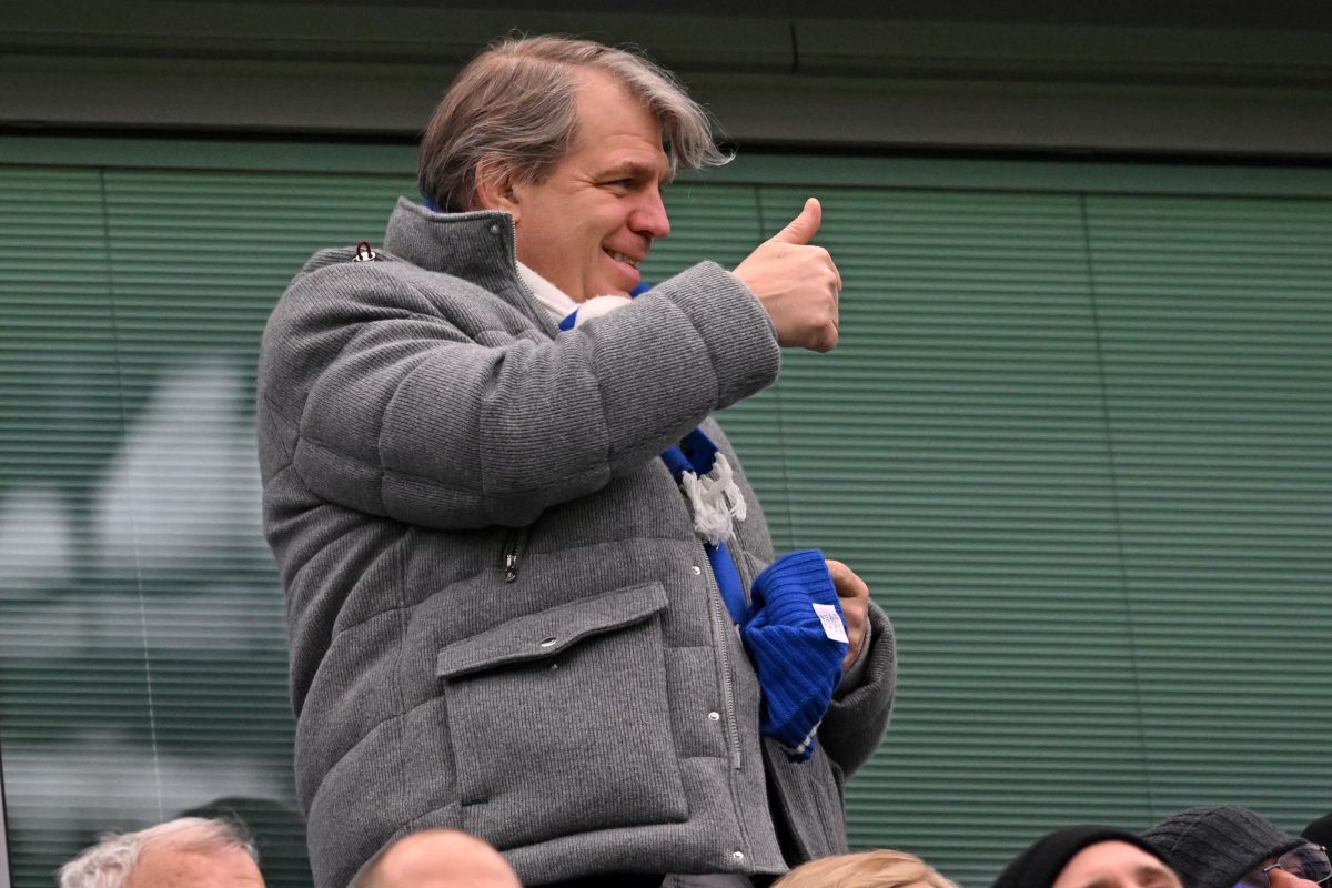 Chelsea's US owner Todd Boehly gestures as he takes his seat for the English Premier League football match between Chelsea and Leeds United at Stamford Bridge in London on March 4, 2023. 