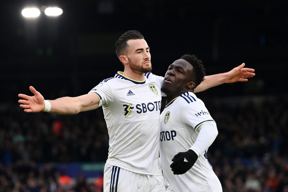 Jack Harrison of Leeds United celebrates with teammate Wilfried Gnonto after scoring. 