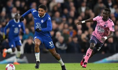 Wesley Fofana of Chelsea in action against Everton's James Tarkowski.