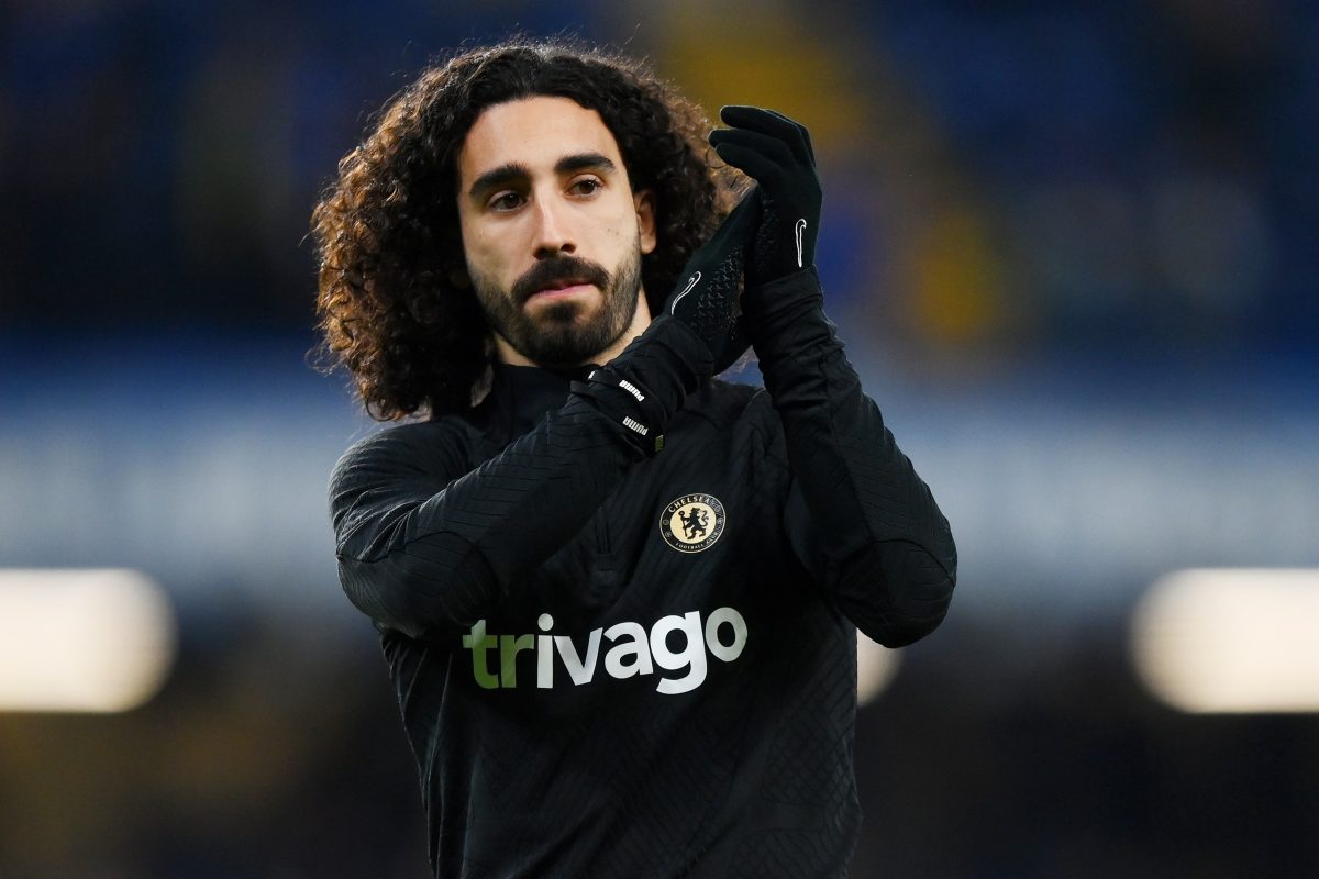 LONDON, ENGLAND - MARCH 07: Marc Cucurella of Chelsea applauds fans as they warm up prior to the UEFA Champions League round of 16 leg two match between Chelsea FC and Borussia Dortmund at Stamford Bridge on March 07, 2023 in London, England.