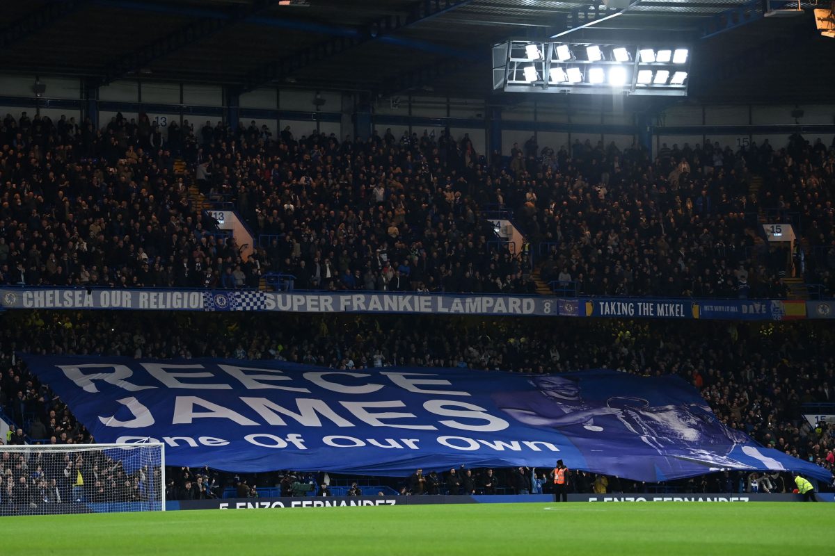 Chelsea fans unfurl a banner with the name of Chelsea's English defender Reece James prior to the start of the English Premier League football match between Chelsea and Fulham at Stamford Bridge in London on February 3, 2023. - RESTRICTED TO EDITORIAL USE. No use with unauthorized audio, video, data, fixture lists, club/league logos or 'live' services. Online in-match use limited to 120 images. An additional 40 images may be used in extra time. No video emulation. Social media in-match use limited to 120 images. An additional 40 images may be used in extra time. No use in betting publications, games or single club/league/player publications. (Photo by Glyn KIRK / AFP) / RESTRICTED TO EDITORIAL USE. No use with unauthorized audio, video, data, fixture lists, club/league logos or 'live' services. Online in-match use limited to 120 images. An additional 40 images may be used in extra time. No video emulation. Social media in-match use limited to 120 images. An additional 40 images may be used in extra time. No use in betting publications, games or single club/league/player publications. / RESTRICTED TO EDITORIAL USE. No use with unauthorized audio, video, data, fixture lists, club/league logos or 'live' services. Online in-match use limited to 120 images. An additional 40 images may be used in extra time. No video emulation. Social media in-match use limited to 120 images. An additional 40 images may be used in extra time. No use in betting publications, games or single club/league/player publications. 