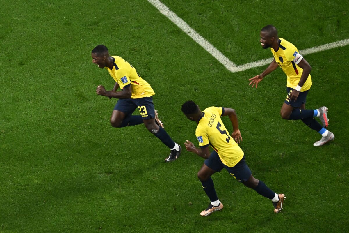 Moises Caicedo (L) celebrates scoring his team's first goal during the Qatar 2022 World Cup Group A football match between Ecuador and Senegal at the Khalifa International Stadium in Doha on November 29, 2022. via Getty Images