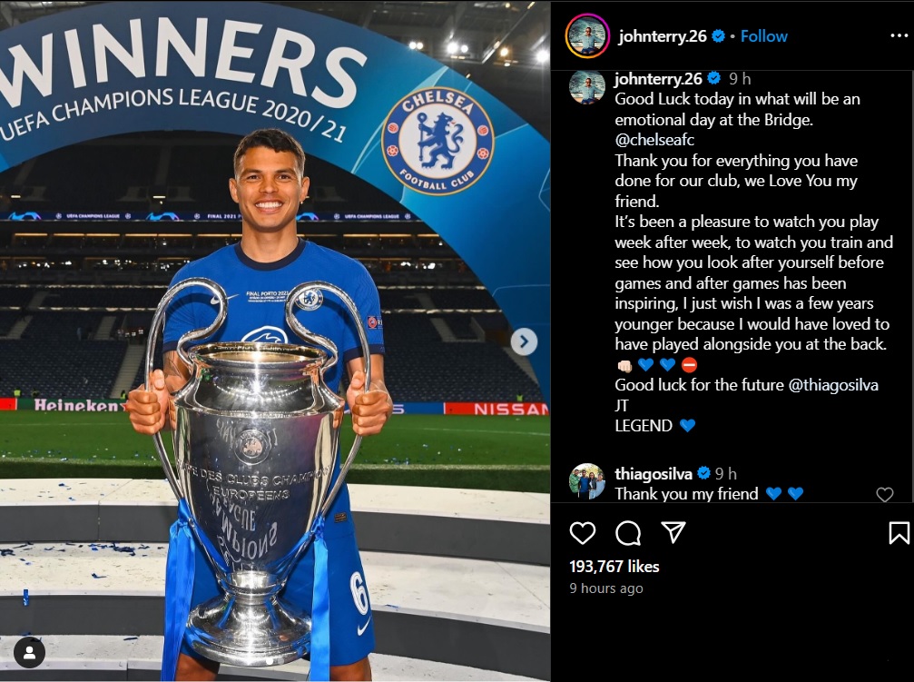 Chelsea legend gives a tribute to Thiago Silva after his last game for the Blues. 