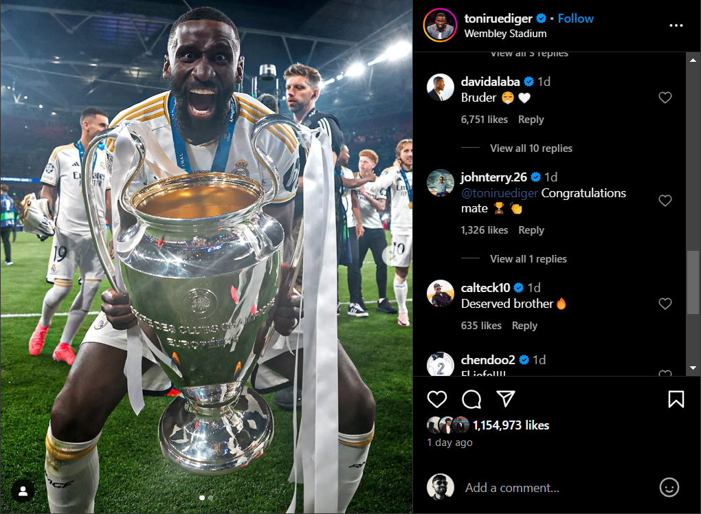 John Terry found time to leave a comment on Antonio Rudiger's latest Instagram post